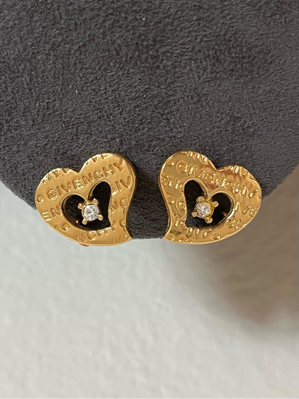 Authentic Vintage Givenchy Openwork Heart Logo Rhinestone Gold Clip-On Earrings